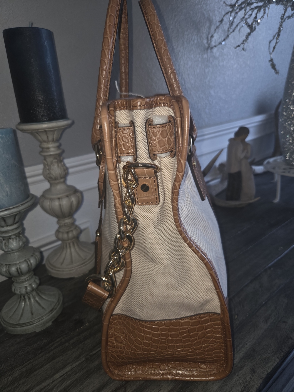 Michael Kors Tan Croc-Accent Canvas Tote Bag Perfect For A Laptop. - Picture 3 of 15
